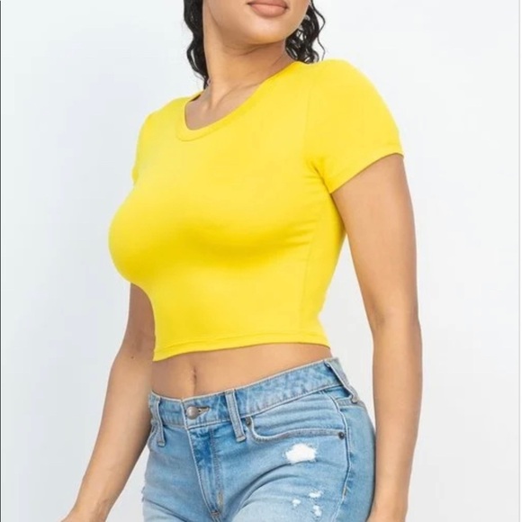 Women Yellow Casual Basic Cap Sleeve Slim Fitted Round Neck Crop Tee - Picture 2 of 5